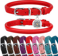 BRONZEDOG Rolled Leather Dog Collar for Small Medium Large Dogs with QR ID Tag (L: 16-18 Inch, Scarlet Red)