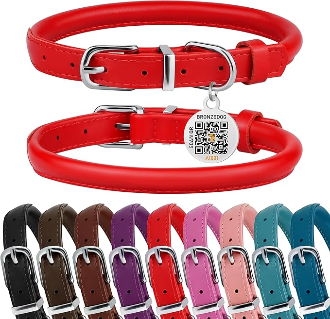 BRONZEDOG Rolled Leather Dog Collar for Small Medium Large Dogs with QR ID Tag (M: 14-16 Inch, Scarlet Red)