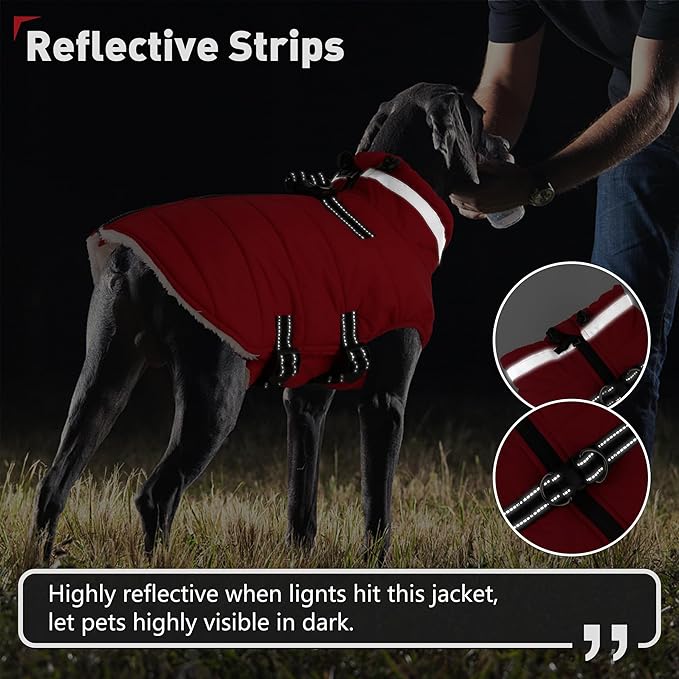 Dogcheer Dog Coat with Harness, Waterproof Dog Jacket Adjustable Pet Winter Coat with Zipper, Christmas Puppy Snow Jacket Fleece Sweater for Small Medium Large Dogs - Red M