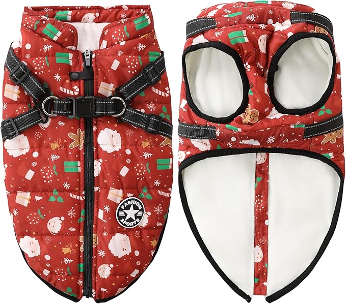 Aiboria Dog Jacket Windproof Fleece Dog Sweater with Padded Vest Chest Strap Harness Dogs Coat Christmas Red M
