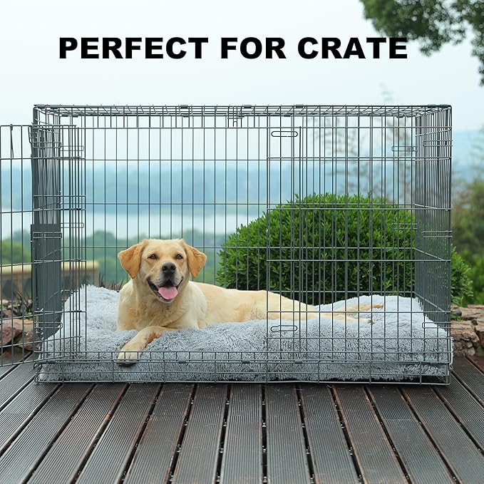 Bedfolks Waterproof Dog Crate Pad, Extra Large, Plush Faux Fur Washable Dog Kennel Bed 41"x27", Solid Light Grey