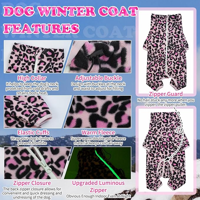 ROZKITCH Dog Fleece PJS with Sleeves, Pet Windproof Warm Cold Weather Jacket Vest with Luminous Zipper, Jumpsuit Apparel Outfit Clothes for Small Medium Large Dog L-Pink S