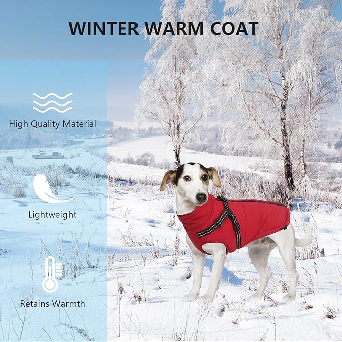 Geyecete Winter Warm Coat Waterproof Dog Jacket with Harness Traction Belt,Pet Outdoor Jacket for Small Dogs-Red-XS