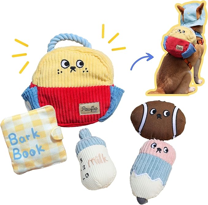 Squeaky Plush Dog Toys, 5-in-1 Crinkle Backpack Puppy Toys to Keep Busy, Cute Stuffed Hide & Seek Cognitive for Small Dogs, Teething, Boredom Relief & Birthday Gift