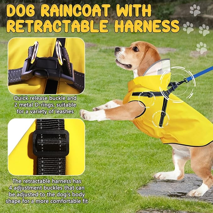 Dog Raincoat: Dog Rain Jacket with Reflective Harness & Removable Hood | Waterproof Dogs Rain Coat Poncho for Large Medium Small Dogs Puppies (Yellow - XXL)