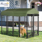 PawHut 8' x 4' x 6' Dog Kennel Outside, Welded Wire Outdoor Dog Kennel Run with 360° Rotating Bowls, Waterproof & UV Resistant Cover, for S&M&L Breeds, Chickens, Ducks, Green
