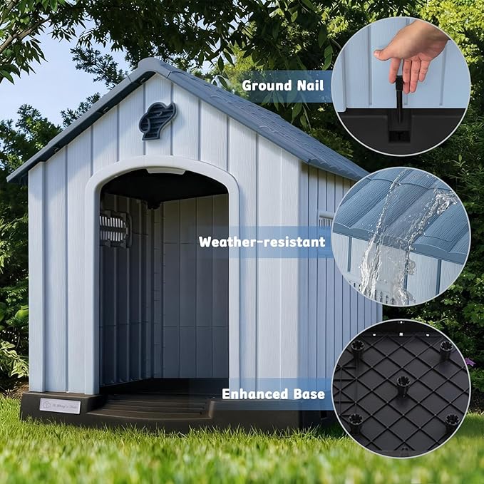 PUKAMI Large Dog House Outdoor Indoor, Plastic Dog House Weatherproof for Large Dogs, Study Puppy Shelter with Air Vents and Elevated Floor, Easy Clean and Assemble (Blue, 36.81"D x 38.7"W x 39.1"H)