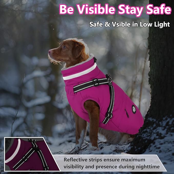 Dogcheer Dog Coat with Harness, Waterproof Dog Jacket Christmas Pet Winter Coat with Pockets, Reflective Doggy Turtleneck Fleece Jacket for Small Medium Large Dogs - Pink, 3XL