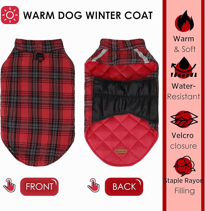 Quilted Dog Winter Coat, Plaid Lined Reversible Vest, Reflective Safety Strip, Cold Weather Pet Apparel Red M