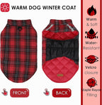 Quilted Dog Winter Coat, Plaid Lined Reversible Vest, Reflective Safety Strip, Cold Weather Pet Apparel Red M