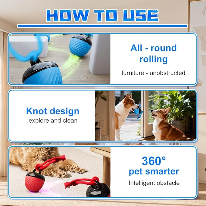 Interactive Dog Toys Ball, 2025 Smart Pet Puppy Ball with Ropes for Indoor Dogs, Path Electric Automatic Moving and Rolling Dogs Toy for Small Medium Large Dogs Daily Training (Bule)
