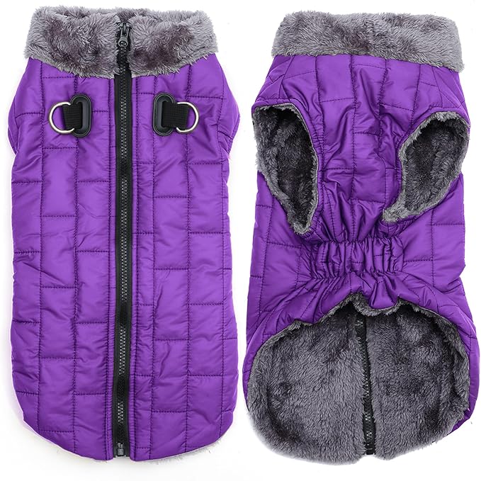Warm Fleece Dog Coats with Durable Harness Buitl in D-Ring,Waterproof Puppy Jacket for Small Dogs,Dog Vest for Cold Winter,Purple XS