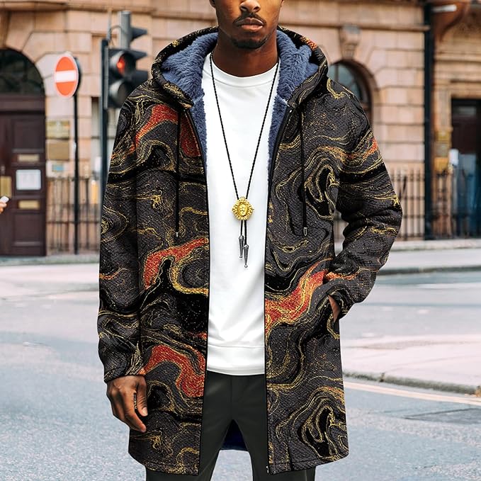 LIZALIG Long Hooded Cardigan Men Japanese Art Style Fashion Cool Graphic Coats Winter Warm Lined Fleece Jacket