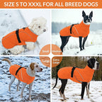 Queenmore Winter Dog Coat Warm Dog Jacket Vest Waterproof Puffer Fleece Snowsuit Adjustable Buckle Leash Hole Reflective Cold Weather Parka for Small Medium Large Dogs Girl Boy Orange L