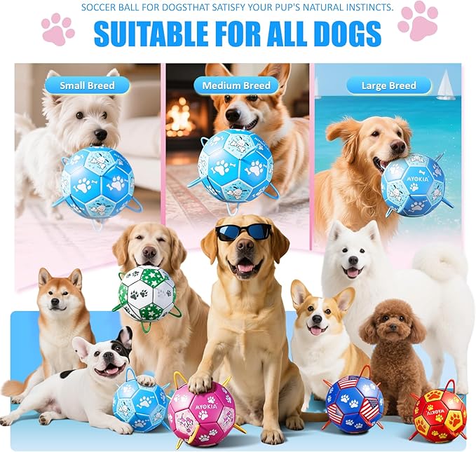 Size 3 Blue Dog Soccer Ball with Straps Eye-Catching Bone and Paw Print Design, Ultra-Durable Training Ball for Pets Interactive Outdoor Dog Toy, Perfect for Medium & Large Puppies
