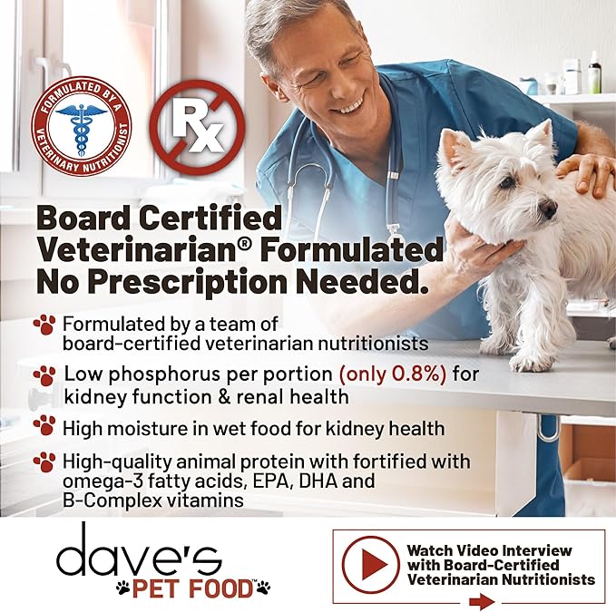 Dave's Pet Food Kidney Care Dog Food (Tuna Pate), New Recipe! Wet Renal Dog Food, Low Phosphorus, Renal Kidney Support, Vet Formulated, 13.2 oz, (12 Pack)
