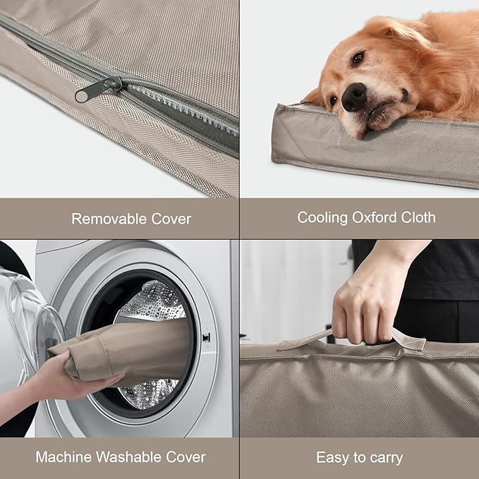 Outdoor All Weather XL Dog Bed, Waterproof Pet Bed for Extra Large Dogs, Orthopedic Egg Crate Foam with Removable Washable Oxford Cooling Cover, 44x32 Inch, Khaki