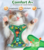 Halypet Cat Harness and Leash Set for Walking, Escape Proof Adjustable Vest Harness with 3-in-1 Integrated Buckles, Easy Control Soft Breathable Mesh with Reflective Strips for Cats, M, Green Monster
