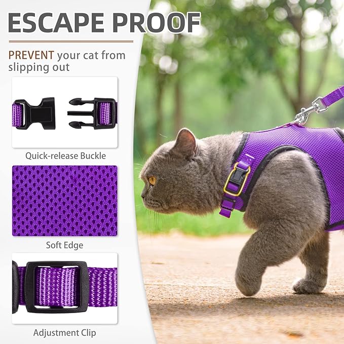 PUPTECK Soft Mesh Cat Vest Harness and Leash Set Puppy Padded Pet Harnesses Escape Proof for Cats Small Dogs, Purple Large