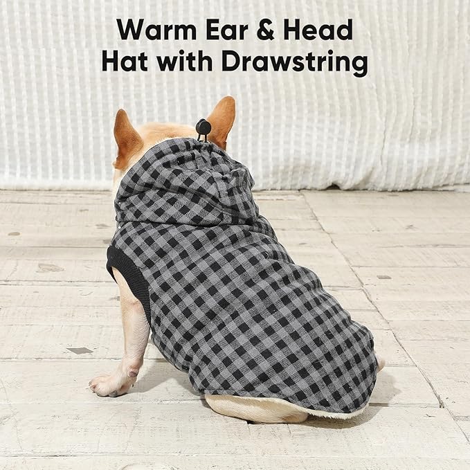 Fleece Lining Dog Hoodie for Large Dogs Extra Warm Plaid Sweater with Drawstring Hooded Coats in Winter Doggie Jacket,Black XXL