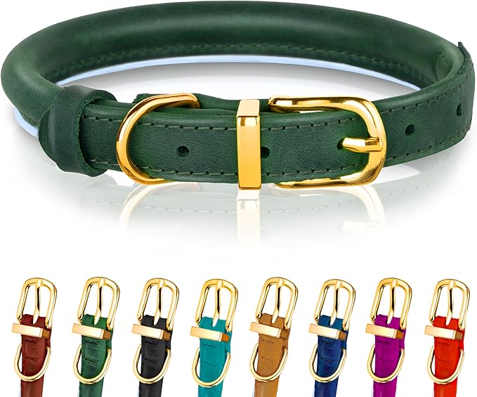 OOPSDOGGY Reflective Rolled Leather Dog Collar Adjustable Soft Padded Pet Collar for Small Medium Large Breed Dogs (Green, XXL, 20"-24")