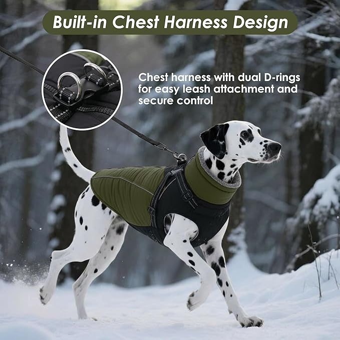 ASENKU Reflective Dog Coat with Built-in Harness, Windproof Fleece-Lined Dog Jacket for Small, Medium, Large Dogs, Warm Winter Vest with Turtleneck & Zipper (Green 3XL)