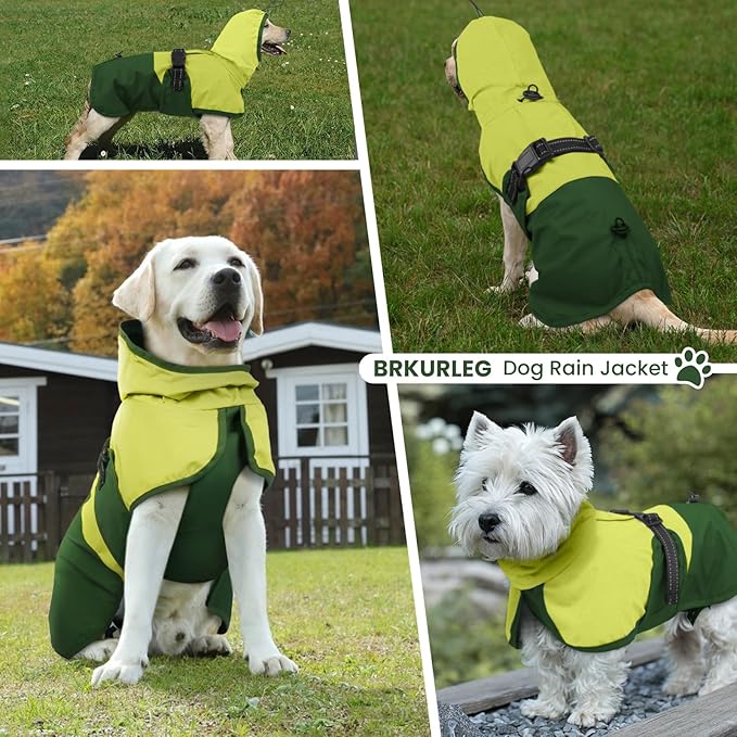 BRKURLEG Dog Raincoat for Small Medium and Large Dogs Waterproof Dog Rain Jacket Adjustable Hooded Dogs Raincoat Pet Rain Coat Poncho with Leash Hole, Reflective Strip, Green, XXXL