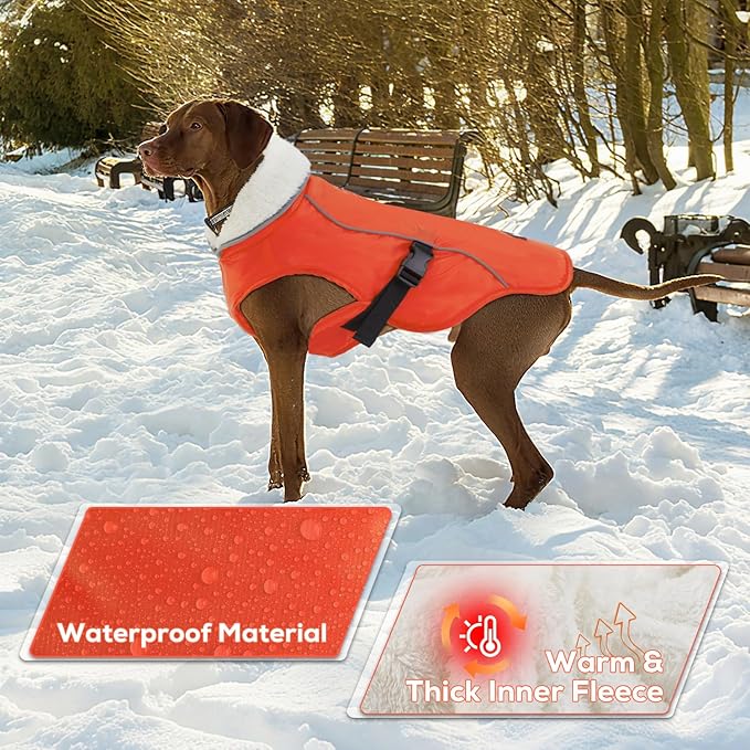 EMUST Dog Cold Weather Coats, Fleece Lining Small/Medium/Large Dog Jacket for Winter, Warm Waterproof Pet Winter Clothes for Large Dogs, Orange, XL