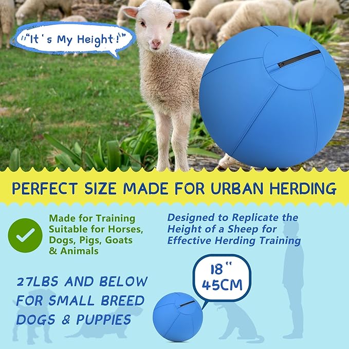 Herding Ball for Dogs - 18" Medium Herding Ball with Anti-Burst Cover and Pump, Outdoor Dog Exercise Toy for Australian Shepherd, German Shepherd, Collie (Blue)