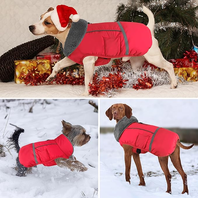 Dogcheer Warm Dog Coat, Christmas Dog Jacket Waterproof Puppy Winter Coat with Buckles, Reflective Adjustable Pet Snow Jacket Turtleneck Fleece Sweater for Small Medium Large Dogs - Red, 3XL