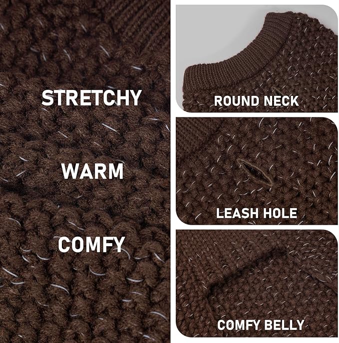 KYEESE Dog Sweater with Leash Hole Warm Pullover with Reflective Yarn for Small and Medium Dogs Male Soft Knit Pullover Boy Dog Coats Cozy Lightweight Thick Sweater,Khaki,Large
