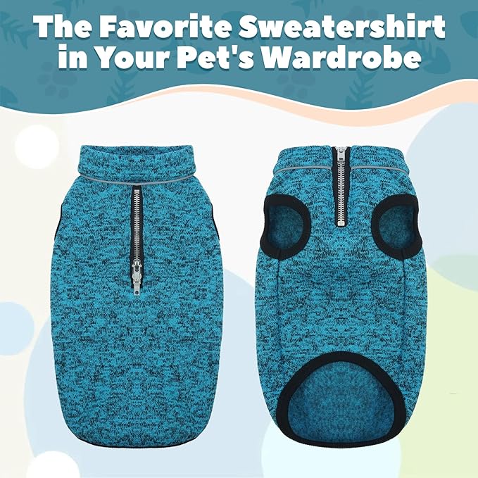ROZKITCH XXX-Large Dog Sweater with Fleece Lining, Knit Fabric Pet Jacket Jumpsuit, Adjustable Reflective Vest with Zipper Opening on The Back and Neck for Harness, Easy Maintenance Blue, 3XL