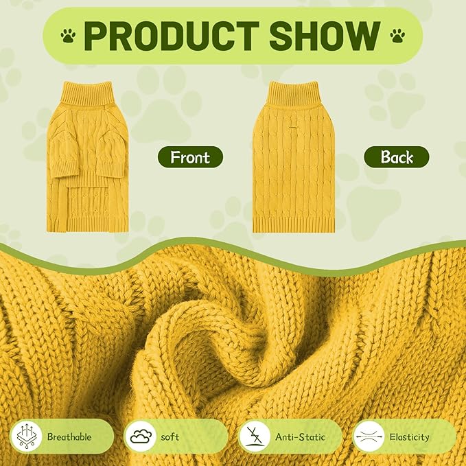 Small Dog Thermal Pullover Sweater, Classic Turtleneck Cable Knitwear Dog Clothes for Cold Weather Warm Pet Clothes for Chihuahua, Bulldog, Dachshund, Pug Yellow Small