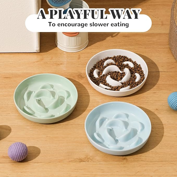 Melamine Slow Feeder Cat Bowls - Set of 3 Cat Food Dishes - Fun Maze Design for Slow Feeding - Dishwasher Safe - White, Blue, Green