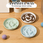 Melamine Slow Feeder Cat Bowls - Set of 3 Cat Food Dishes - Fun Maze Design for Slow Feeding - Dishwasher Safe - White, Blue, Green
