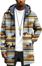 Mens Long Cardigan Hoodies Full Zip Fleece Lined Jackets Fashion Knitted Color Block Hooded Coat with Pockets
