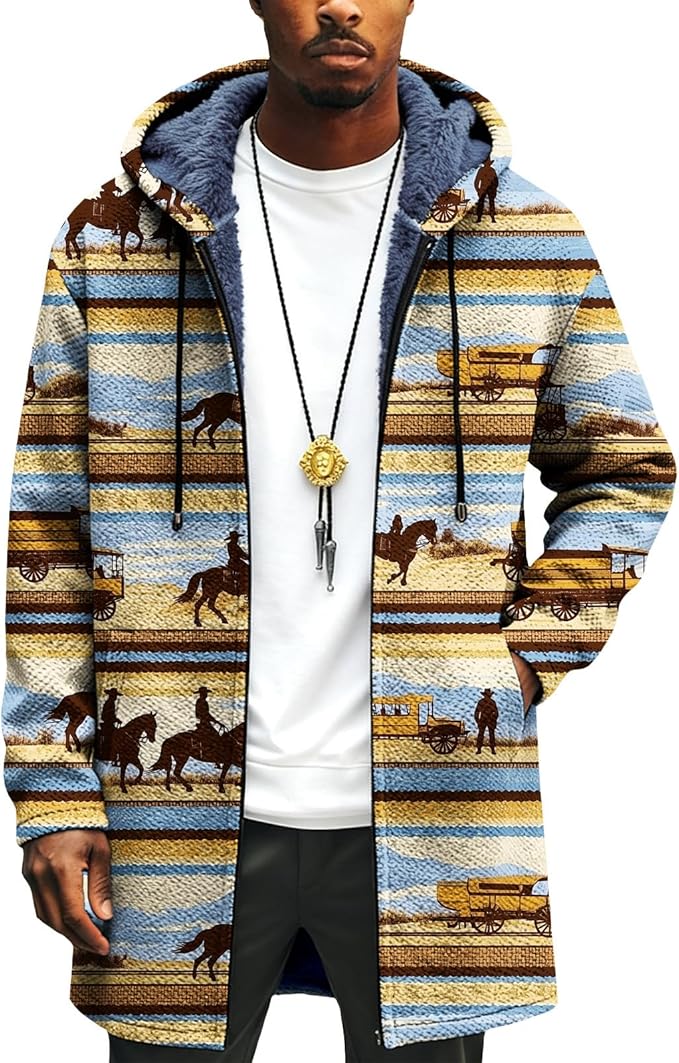 Mens Long Cardigan Hoodies Full Zip Fleece Lined Jackets Fashion Knitted Color Block Hooded Coat with Pockets