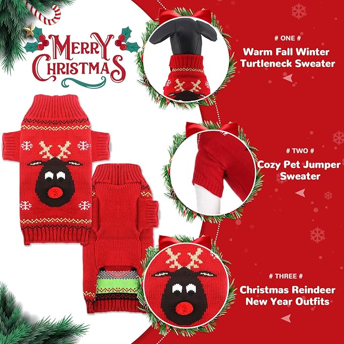 PETCARE Dog Christmas Sweater Red Ugly Funny Cute Cartoon Reindeer Cat Sweaters Jumper Holiday Dog Clothes Puppy Sweaters for Small Medium Large Dogs Fall Winter Outfits Xmas Dogs Costume,X-Large