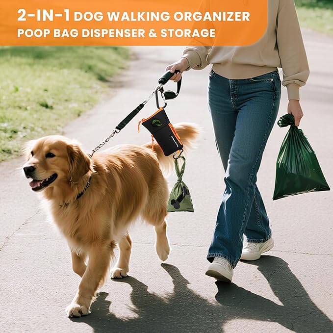 Dog Poop Bag Holder for Leash with 2 Waterproof Storage Pouches, Carabiner Clip, Zipper Soft Dog Pouch for Pet Waste Bags, Dog Walking, Training, Travel (Black)