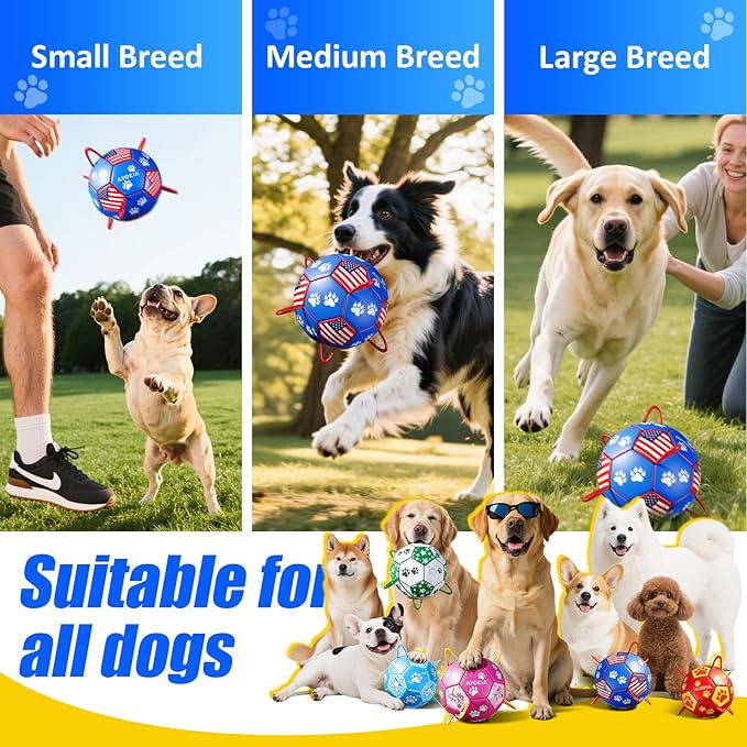 Size 3 Interactive Dog Football with Strap, Blue & Red, Eye-Catching Paw Prints and Flag Design, Ideal Outdoor Training Pet Toy, Perfect Choice for Medium & Large Dogs' Playtime