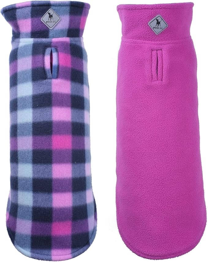 The Worthy Dog Fargo Fleece Check Dog Jacket, Adjustable Reversible with Harness Hole, Wind-Resistant, Winter Outdoor Clothes for Pets, Purple - 14''
