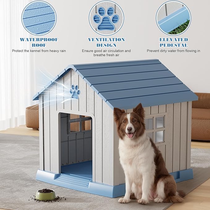 Dog House for Outdoor & Indoor Use with Window, Waterproof Ventilated Kennel with Elevated Floor, Easy to Clean Shelter for Small Medium Large Dogs (Blue, 37.2" L x 40" W x 40" H)