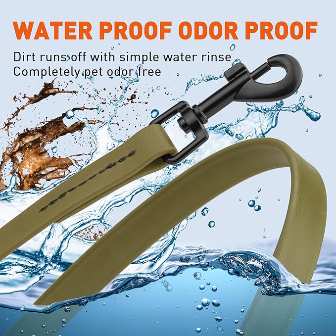 Dogline Biothane Waterproof Dog Leash Strong Coated Nylon Webbing with Black Hardware Odor-Proof Easy to Clean High Performance for Small or Large Dogs Made in USA 4 or 6 ft Lead, Olive Drab Green