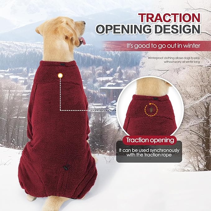 Dog Winter Coat, Warm Fleece Dog Jacket, Windproof Pullover Jumpsuit, Full Body Pajamas Onesie, Cold Weather Clothes for Medium Large Dog(2XL,Red)