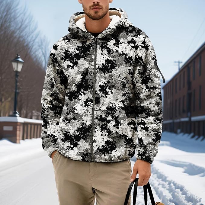 Men's Camouflage Hunting Fleece Lined Hoodie Camo Jackets Zip Up Long Sleeve Casual Winter Coats Hood Outerwear