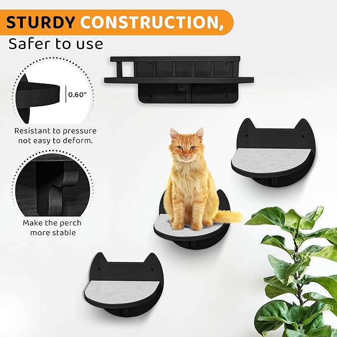 Cat Wall Shelves with 3 Steps – Modern Mounted Cat Wall Furniture & Shelf, Premium Hardwood Bed for Climbing, Sleeping & Lounging, Indoor Hammock for Large Cats - Black