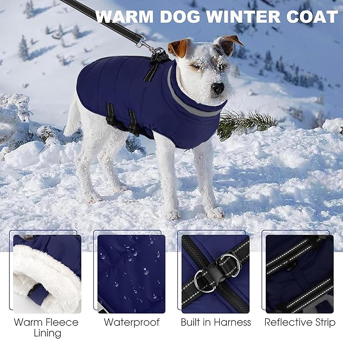 Small Dog Coat with Harness Built-in, Waterproof Reflective Fleece Lined - Warm Windproof Winter Jacket with Back Zipper, Cold Weather Snow Dog Coats - Blue - XS