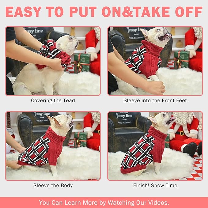 SCENEREAL Turtleneck Dog Sweater for Small Medium Large Dogs Girls Boys, Christmas Plaid Pullover Puppy Sweatershirt, Dogs Cold Weather Outfit Clothes, Ideal Gift for Pet in New Year, Pink Plaid SM