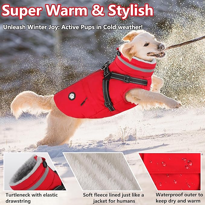 Dogcheer Dog Coat with Harness, Waterproof Dog Jacket, Christmas Puppy Winter Coat with Pocket, Reflective Doggy Turtleneck Puffer Vest for Small Medium Large Dogs - Red, 3XL