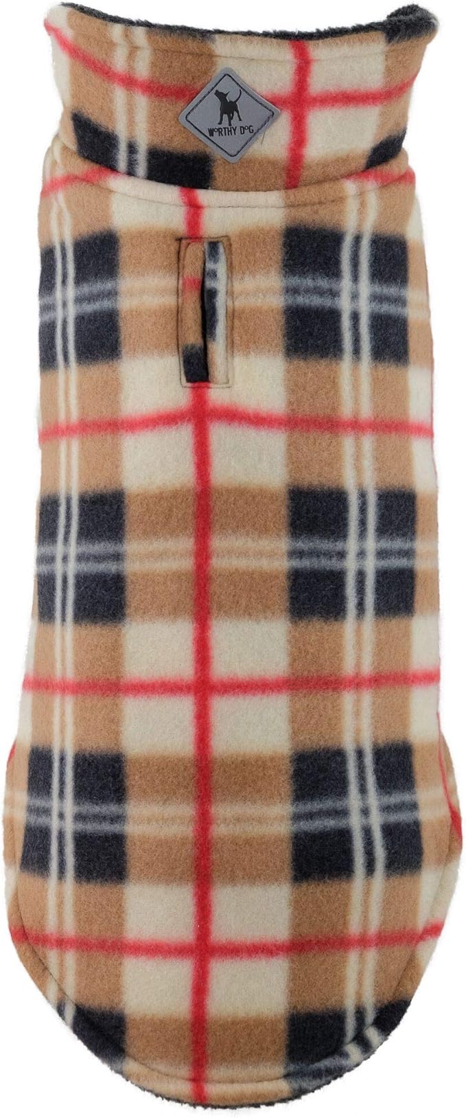 The Worthy Dog Fargo Fleece Plaid Dog Jacket, Adjustable Reversible with Harness Hole, Wind-Resistant, Winter Outdoor Clothes for Pets, Tan - 12''
